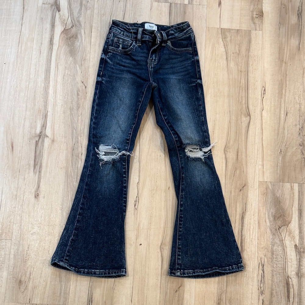 BKE Girls-Dark Wash Flare Jeans with Knee Rips